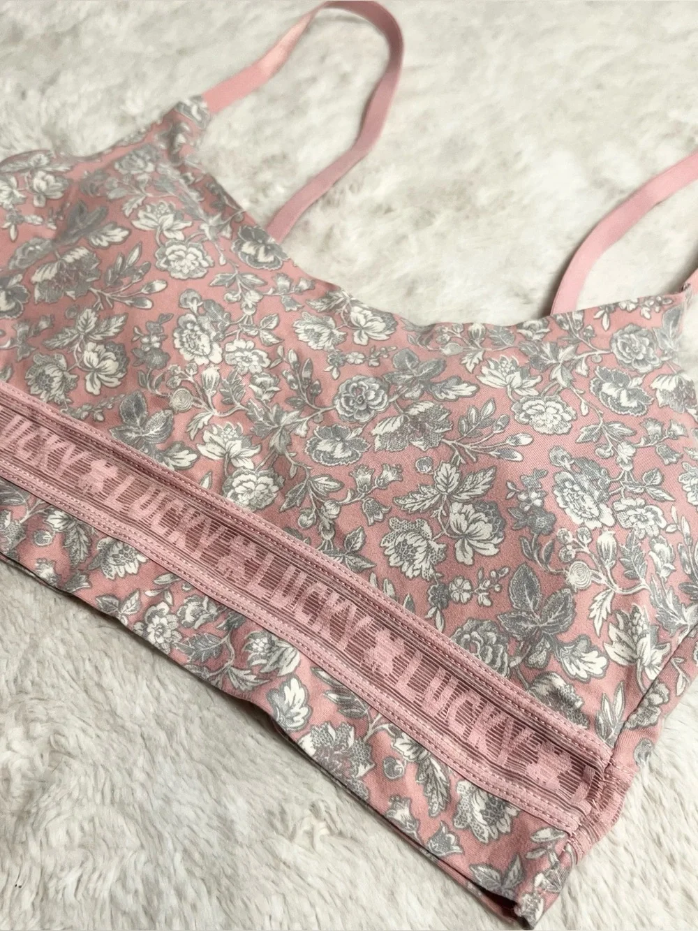 Lucky Brand Pink & Gray Floral Logo Band Bralette Size Medium Wireless Comfort